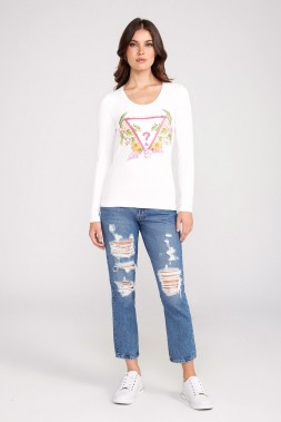 White Long Sleeve Triangle Flower T-Shirt