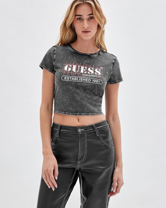 Guess Originals Black Raelyn Grid Logo Crop T-Shirt