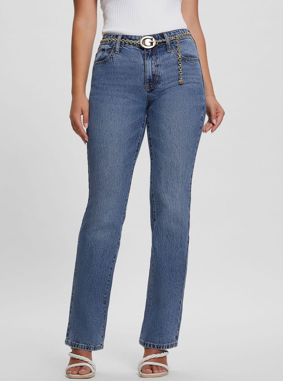 Mid-Rise G-Belt Sexy Straight Leg Denim Jeans In Lunar Blue Wash Mid-Rise G-Belt Sexy Straight Leg Denim Jeans In Lunar Blue Wash