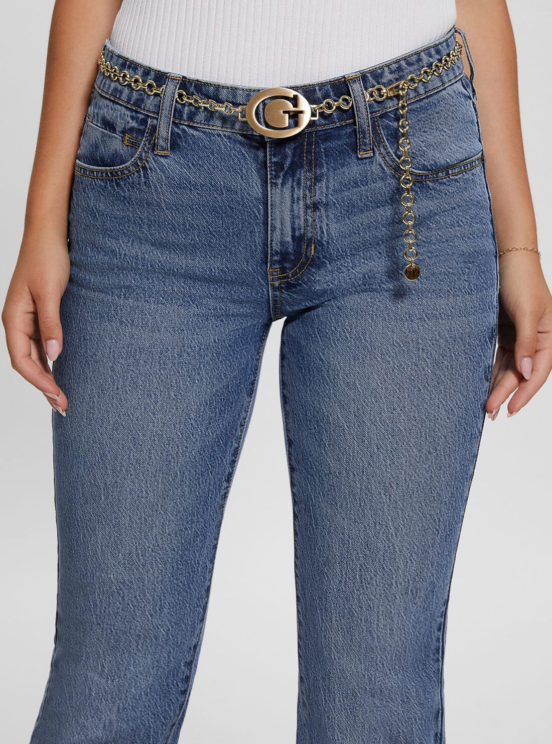 Mid-Rise G-Belt Sexy Straight Leg Denim Jeans In Lunar Blue Wash Mid-Rise G-Belt Sexy Straight Leg Denim Jeans In Lunar Blue Wash