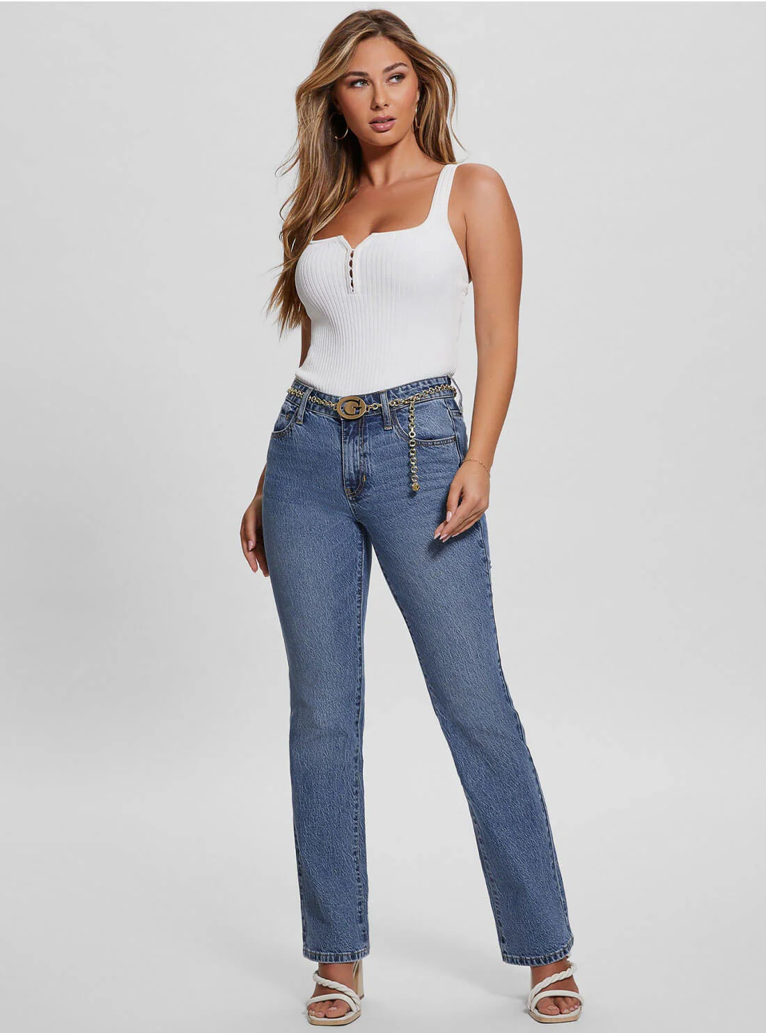 Mid-Rise G-Belt Sexy Straight Leg Denim Jeans In Lunar Blue Wash Mid-Rise G-Belt Sexy Straight Leg Denim Jeans In Lunar Blue Wash
