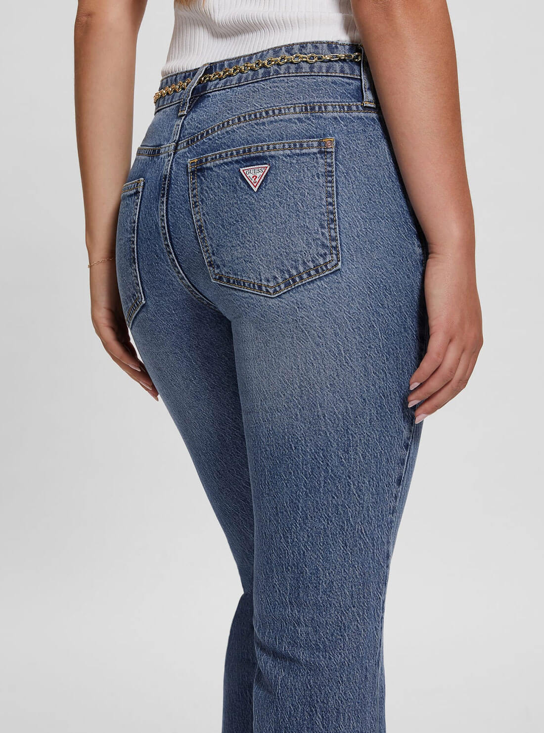 Mid-Rise G-Belt Sexy Straight Leg Denim Jeans In Lunar Blue Wash Mid-Rise G-Belt Sexy Straight Leg Denim Jeans In Lunar Blue Wash