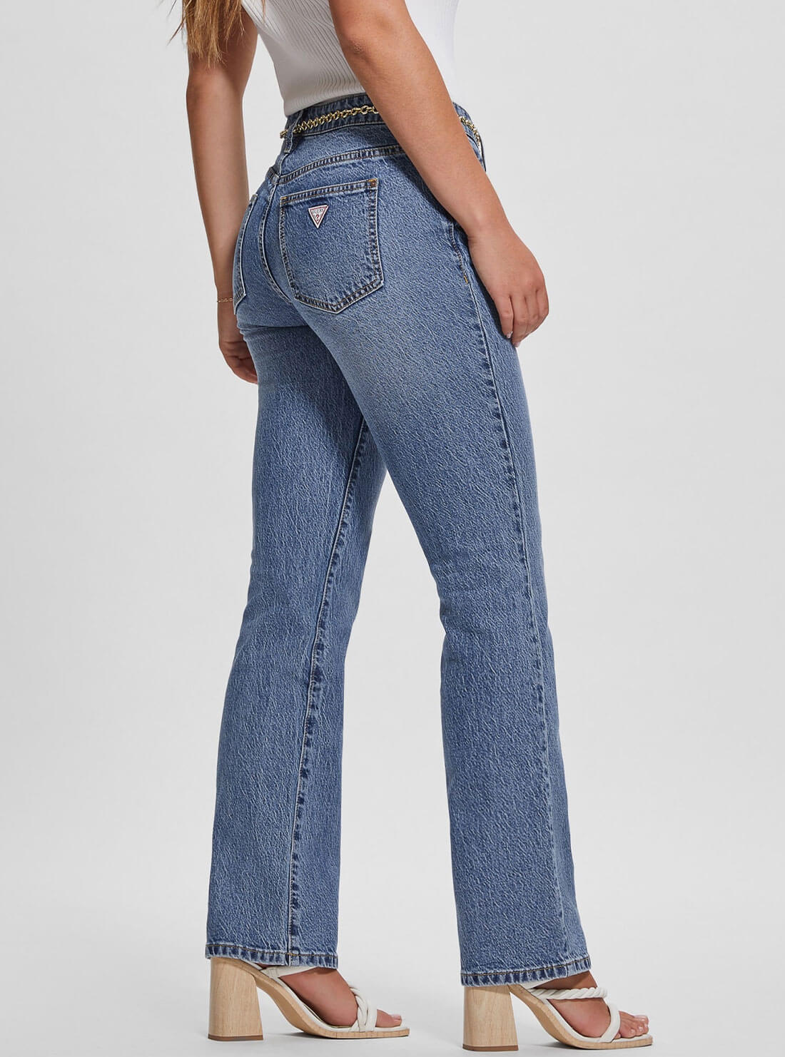 Mid-Rise G-Belt Sexy Straight Leg Denim Jeans In Lunar Blue Wash Mid-Rise G-Belt Sexy Straight Leg Denim Jeans In Lunar Blue Wash